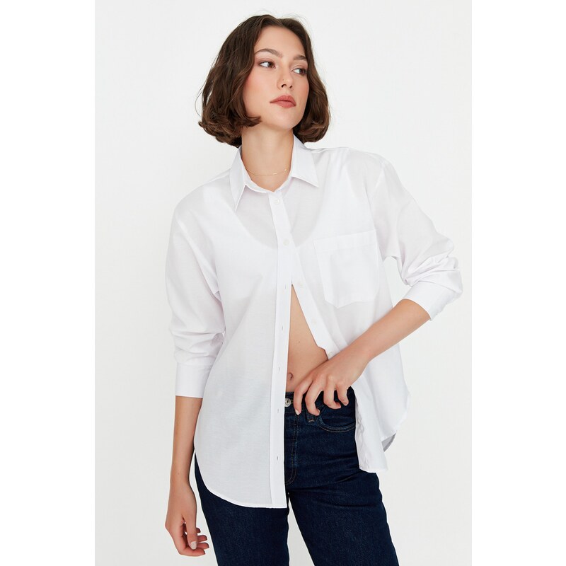 Trendyol White Boyfriend/Wide Fit Woven Shirt