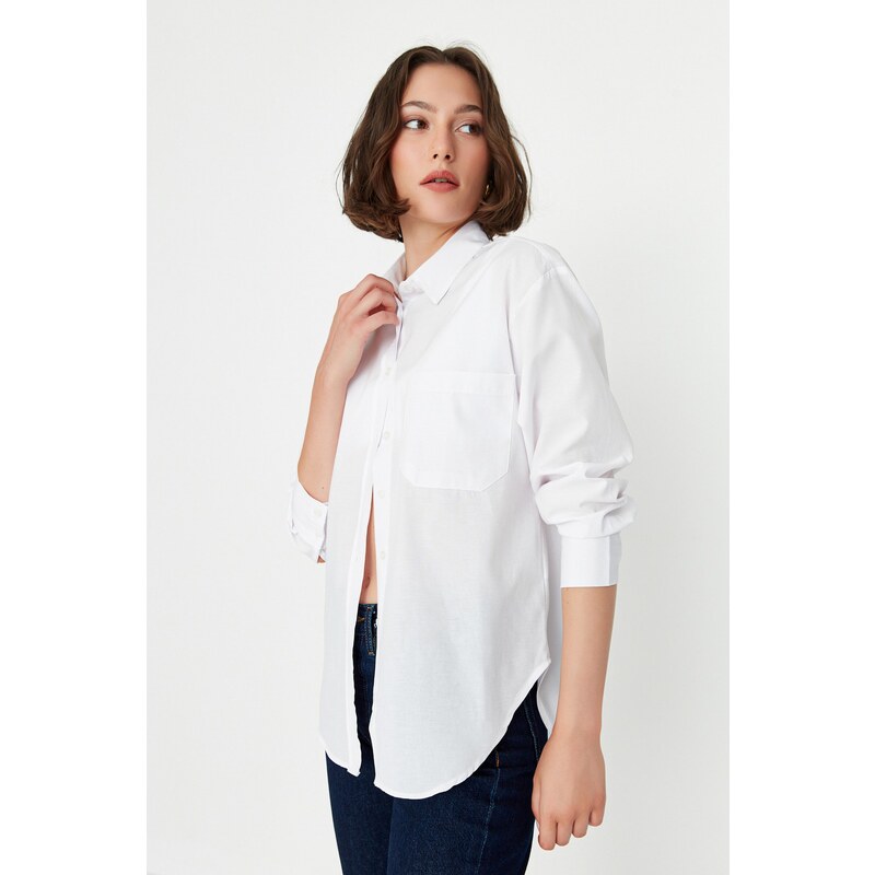 Trendyol White Boyfriend/Wide Fit Woven Shirt