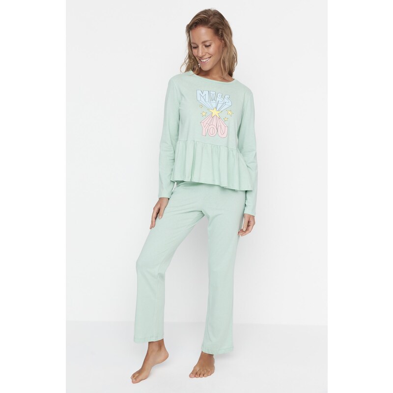 Trendyol Mint Ruffle Detailed Knitted Pajamas Set