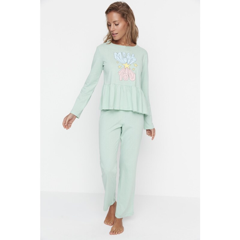 Trendyol Mint Ruffle Detailed Knitted Pajamas Set