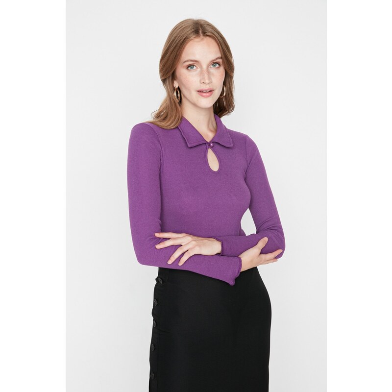 Trendyol Plum Polo Collar Corduroy Knitted Body with Snap fastener