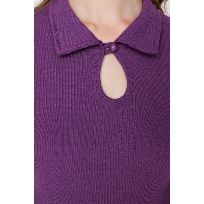 Trendyol Plum Polo Collar Corduroy Knitted Body with Snap fastener