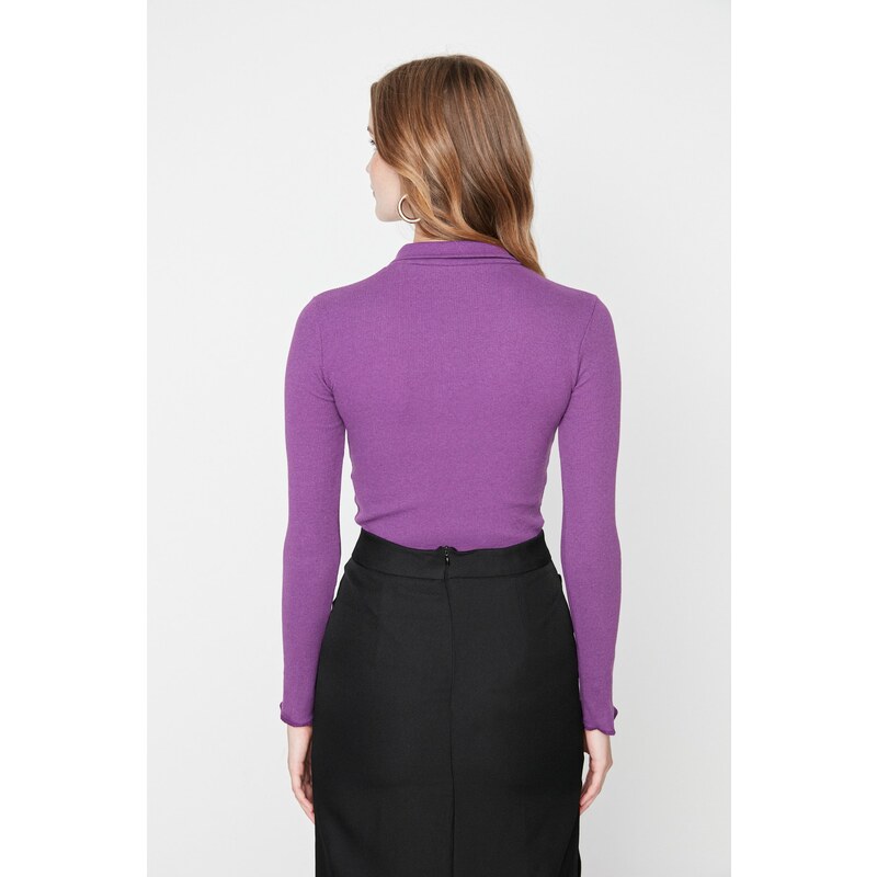 Trendyol Plum Polo Collar Corduroy Knitted Body with Snap fastener