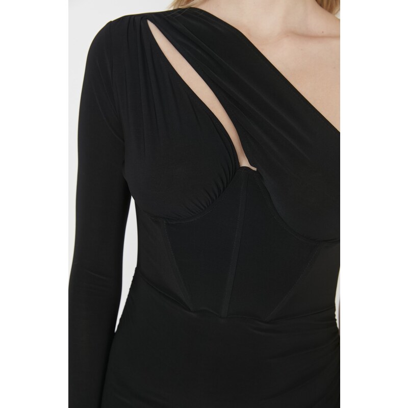 Trendyol černé řasené detailní pletené večerní šaty s jedním rukávem