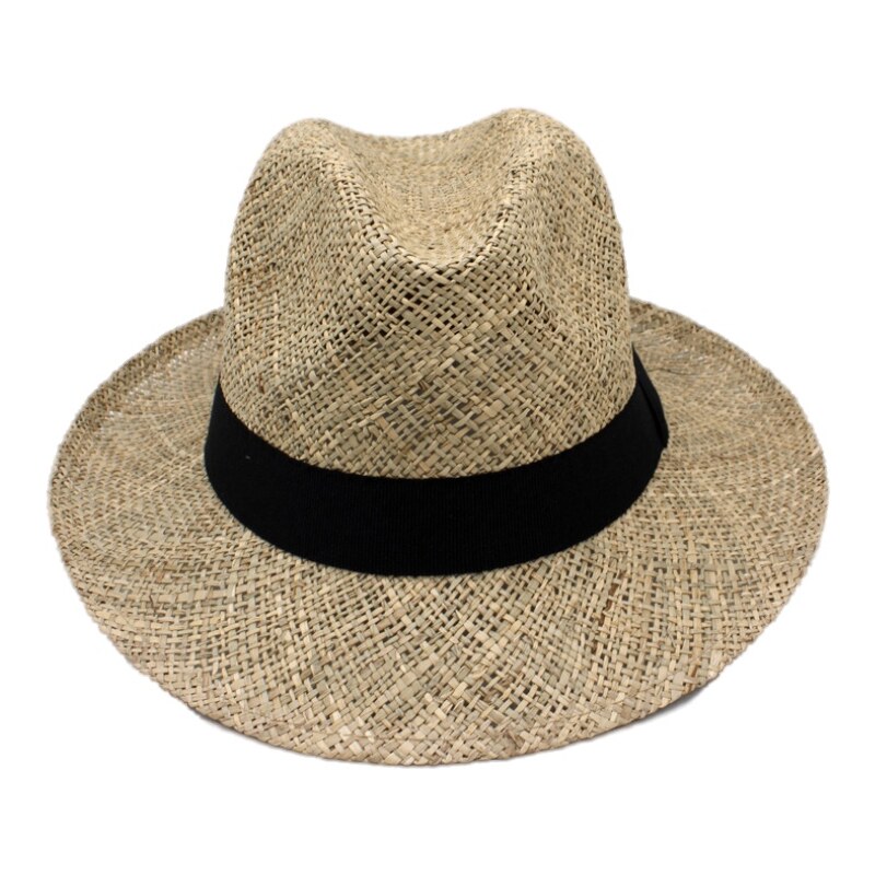 Fiebig Pánský slaměný Bogart klobouk s kratší krempou z mořské trávy s černou stuhou - Fedora