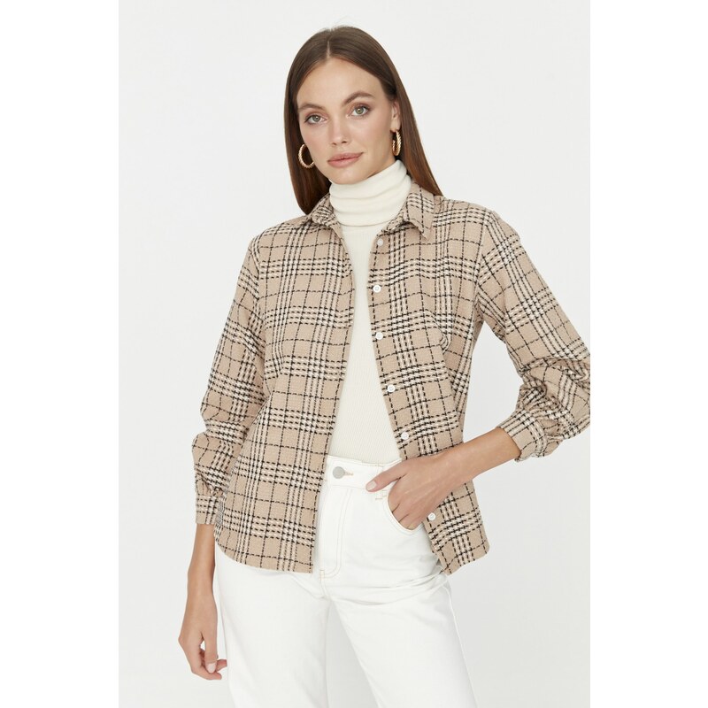 Trendyol Beige Weave Tweed Plaid Shirt