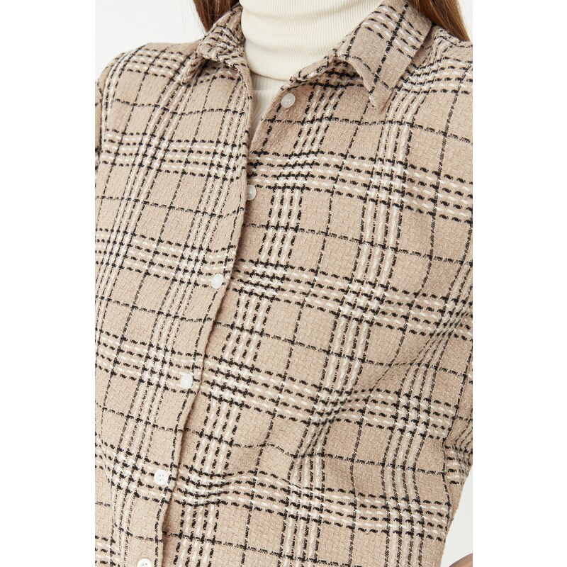 Trendyol Beige Weave Tweed Plaid Shirt