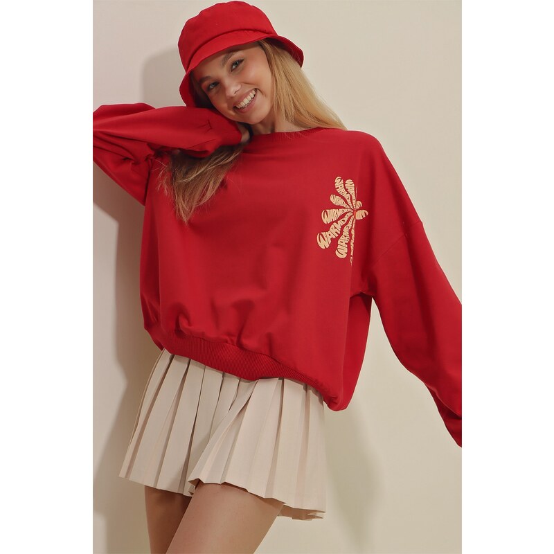 Trend Alaçatı Stili Women's Red Crew Neck Warmenergy Printed Sweatshirt