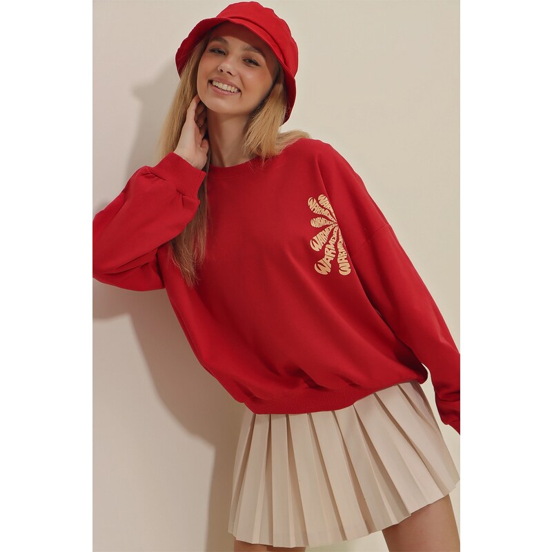 Trend Alaçatı Stili Women's Red Crew Neck Warmenergy Printed Sweatshirt