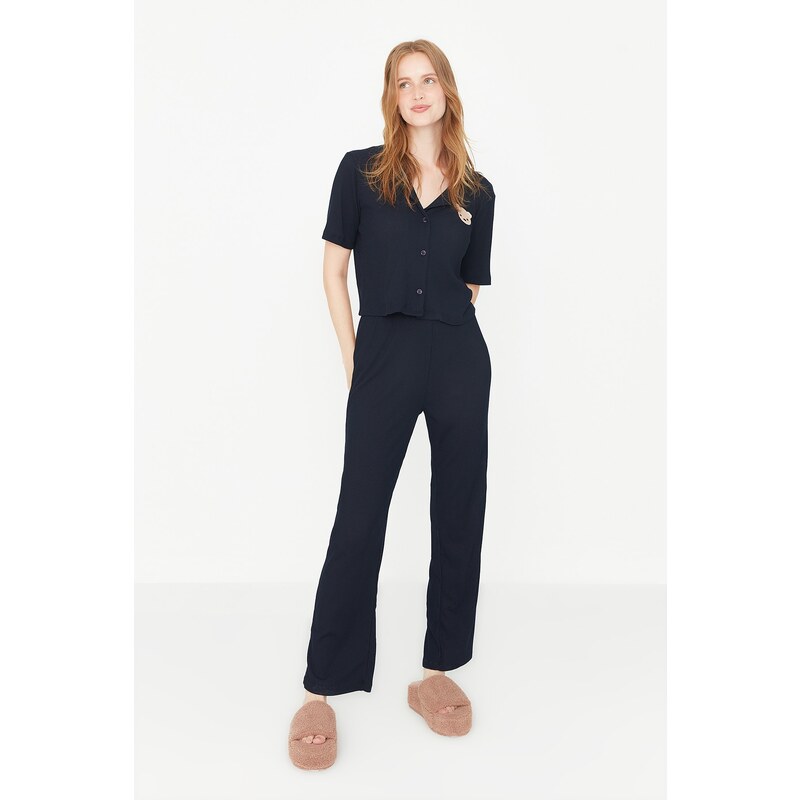 Trendyol Navy Blue Embroidered Ribbed Shirt-Pants and Knitted Pajamas Set