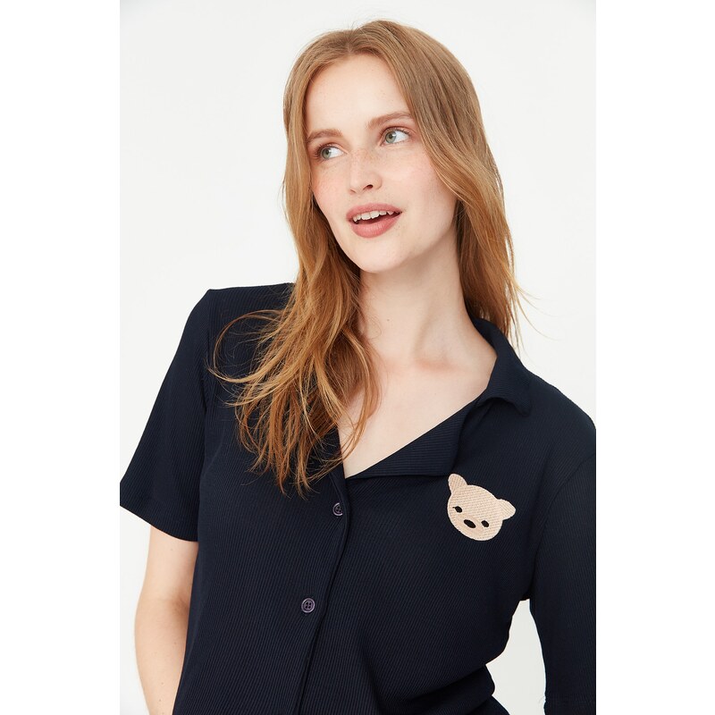 Trendyol Navy Blue Embroidered Ribbed Shirt-Pants and Knitted Pajamas Set