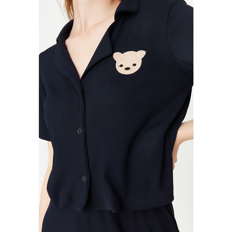 Trendyol Navy Blue Embroidered Ribbed Shirt-Pants and Knitted Pajamas Set