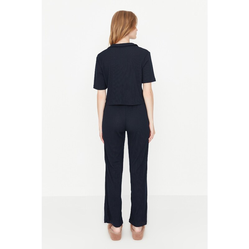 Trendyol Navy Blue Embroidered Ribbed Shirt-Pants and Knitted Pajamas Set