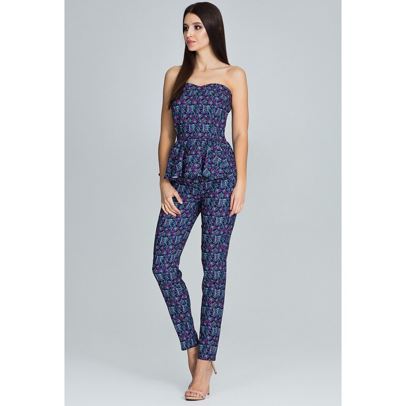 FIGL Dámský set peplum top + kalhoty M606 Pattern 84 Tmavě modrá