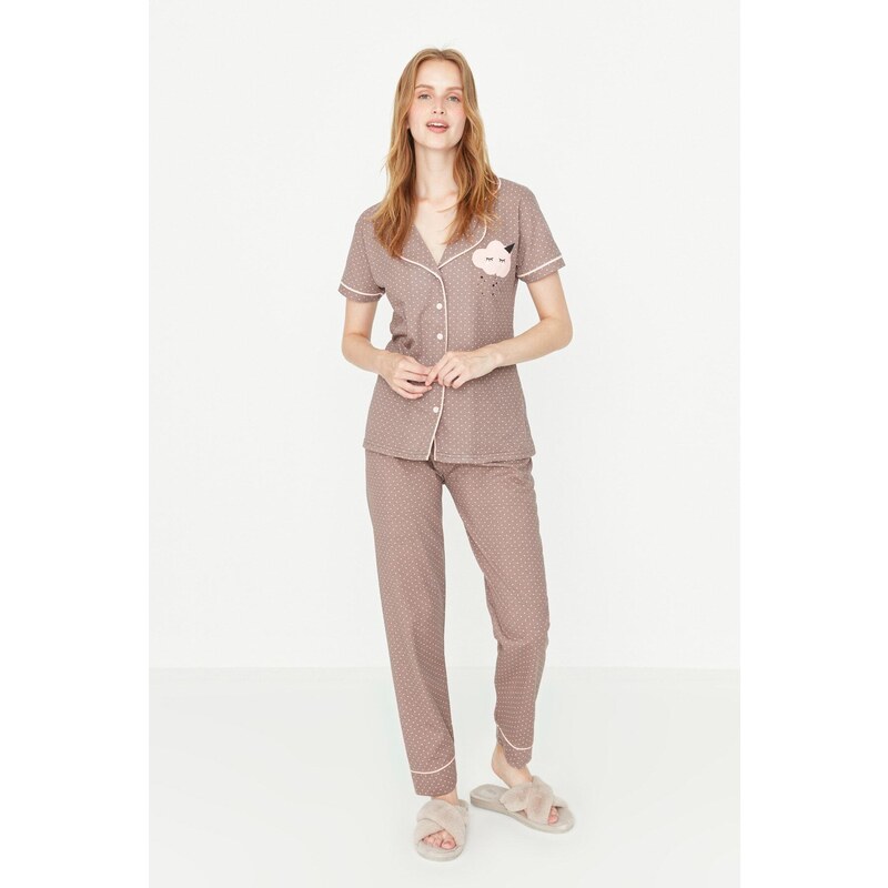 Trendyol Mink Printed Shirt-Pants and Knitted Pajamas Set