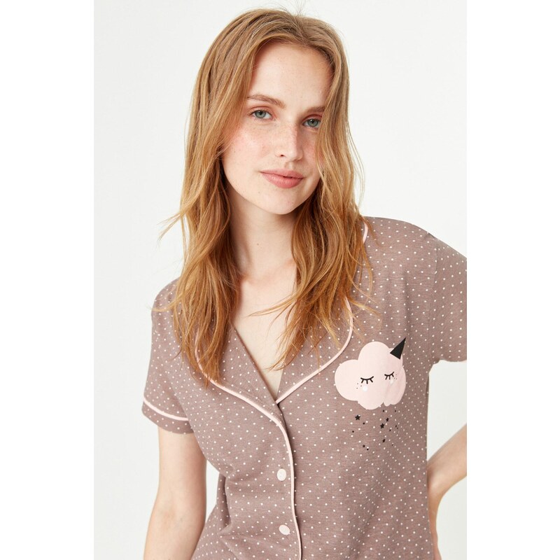 Trendyol Mink Printed Shirt-Pants and Knitted Pajamas Set
