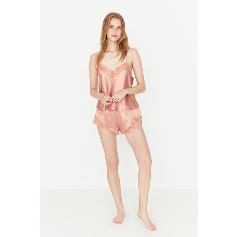 Trendyol Salmon Lace Detailed Satin Undershirt-Shorts Woven Pajamas Set