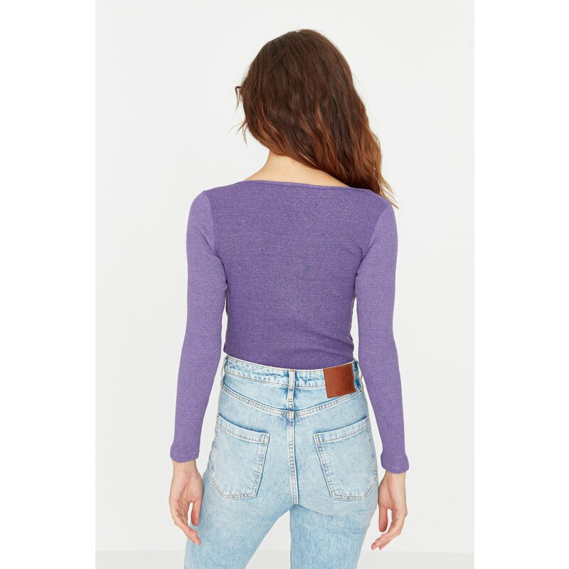 Trendyol Purple V-Neck Detailed Ribbed Snaps Knitted Bodysuit