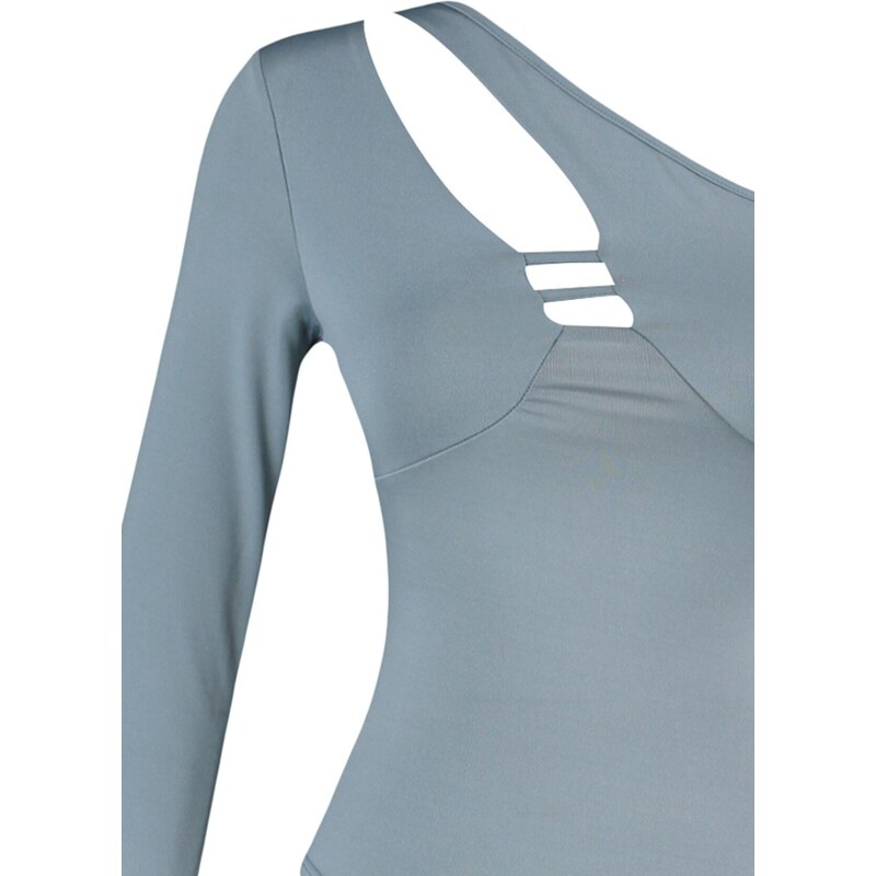 Trendyol Gray Asymmetrical Collar With Cutout Detail Single Sleeve Flexible Knitted Snap Button Body