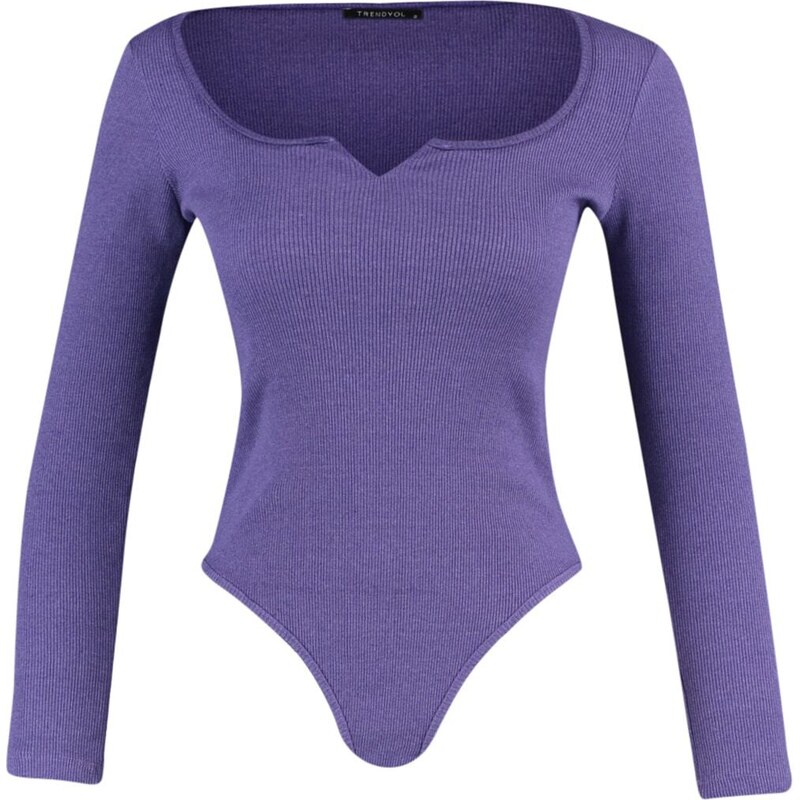 Trendyol Purple V-Neck Detailed Ribbed Snaps Knitted Bodysuit