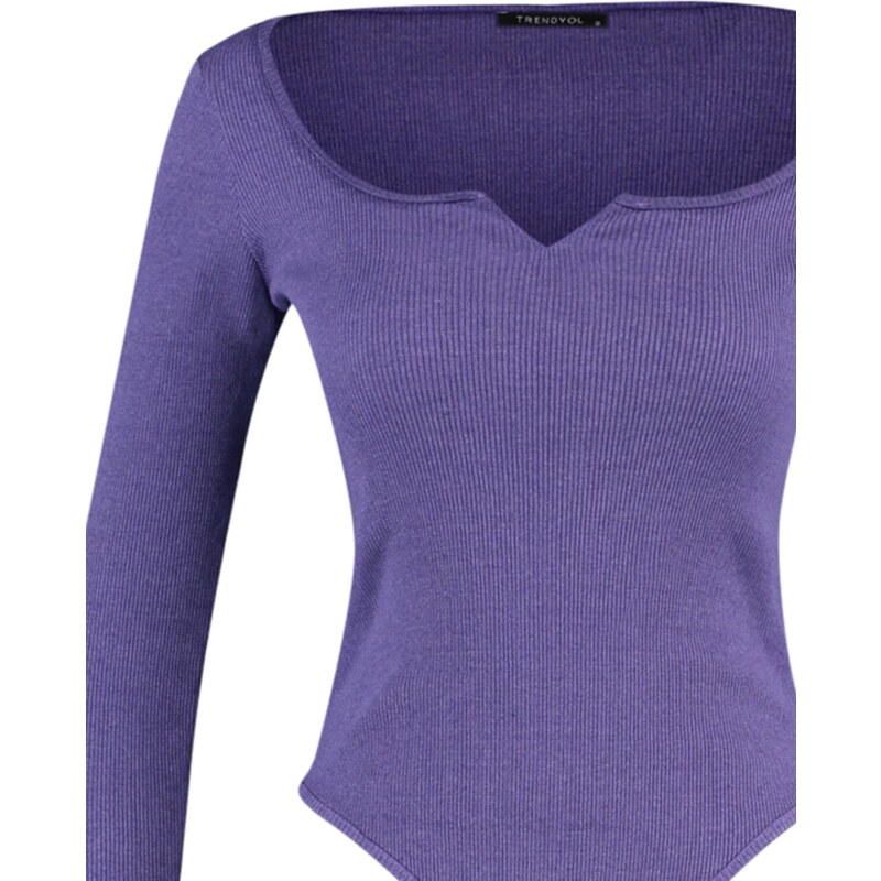 Trendyol Purple V-Neck Detailed Ribbed Snaps Knitted Bodysuit