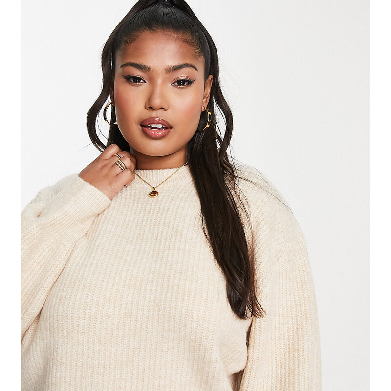 ASOS Curve ASOS DESIGN Curve fluffy crew neck rib jumper in oatmeal 115604847
