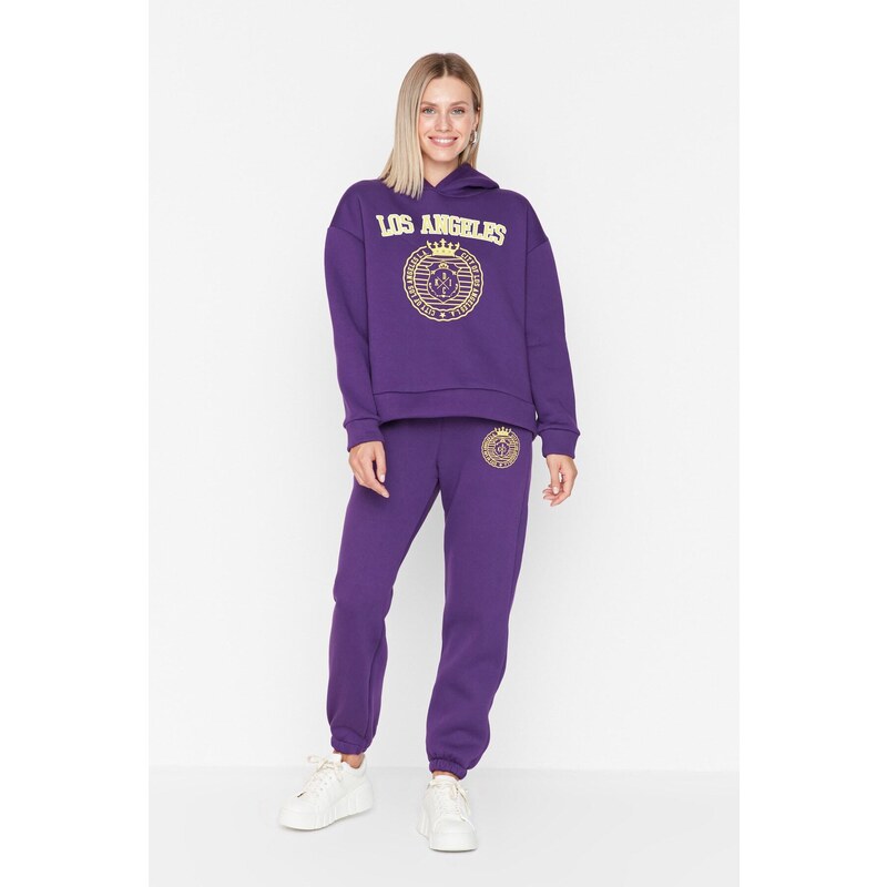 Trendyol Purple Loose Jogger Printed Knitted Sweatpants with Fleece Inside