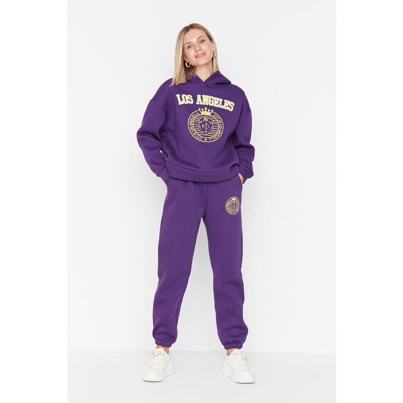 Trendyol Purple Loose Jogger Printed Knitted Sweatpants with Fleece Inside