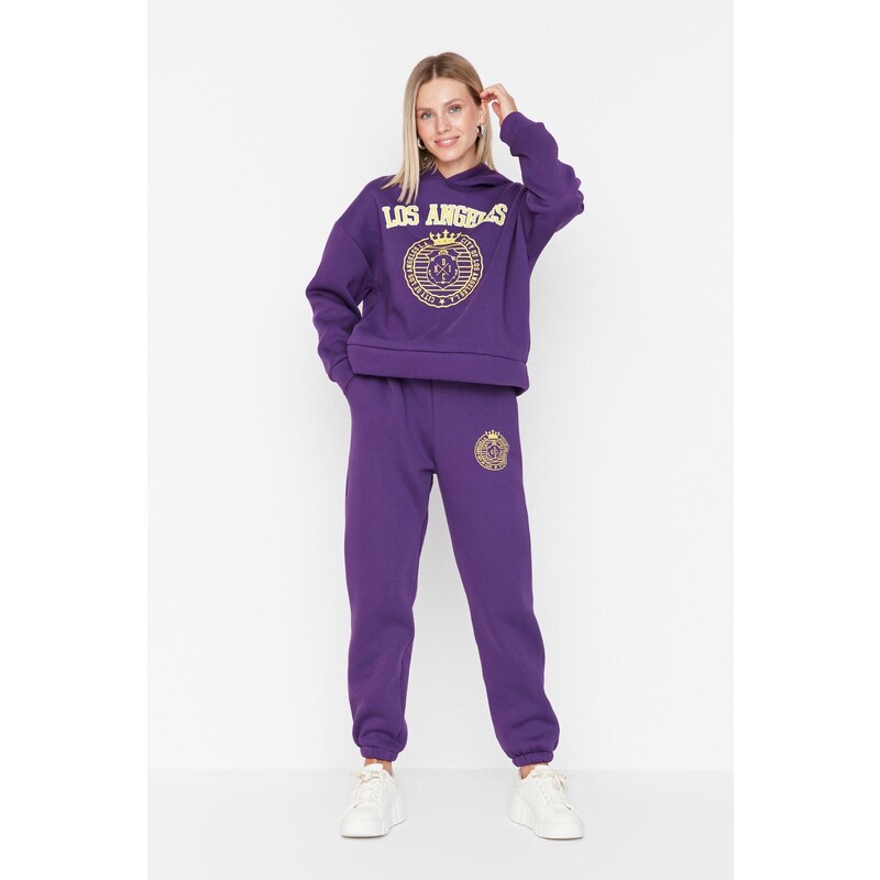 Trendyol Purple Loose Jogger Printed Knitted Sweatpants with Fleece Inside