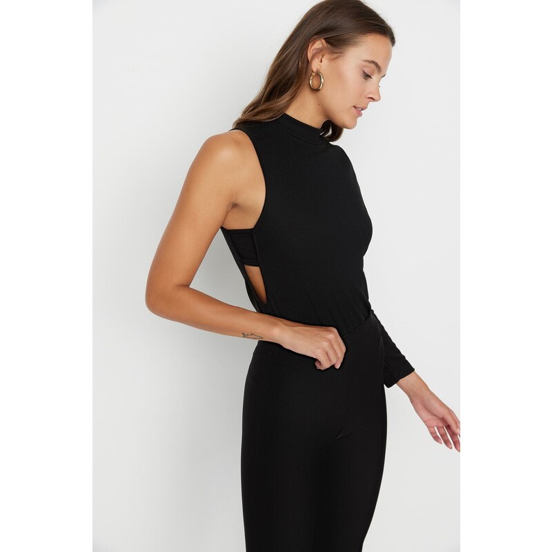 Trendyol Black Standing Collar With Cutout Detail Single Sleeve Ribbed Flexible Knitted Snap Button Body