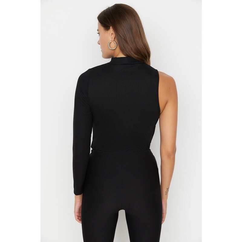 Trendyol Black Standing Collar With Cutout Detail Single Sleeve Ribbed Flexible Knitted Snap Button Body