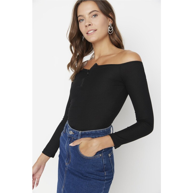 Trendyol Black Zipper Carmen Collar Corduroy Flexible Long Sleeves With Snap Button Knitted Body