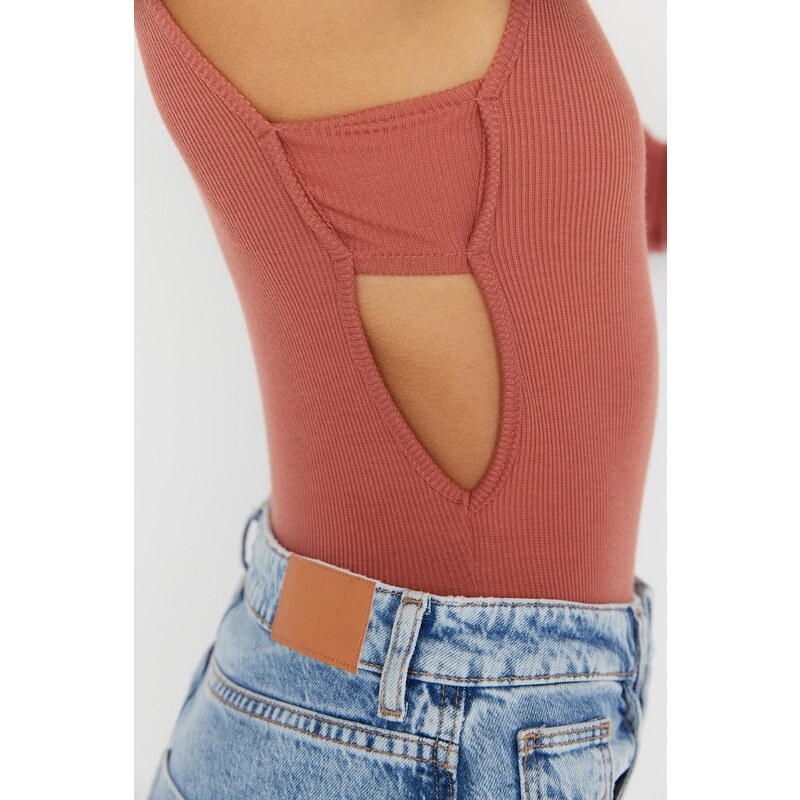 Trendyol Cinnamon Stand Collar Cutout Detail Single Sleeve Ribbed Flexible Knitted Snap Button Body