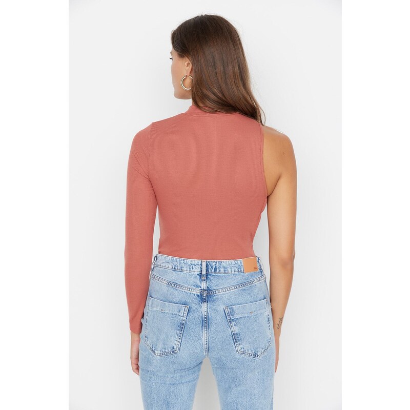 Trendyol Cinnamon Stand Collar Cutout Detail Single Sleeve Ribbed Flexible Knitted Snap Button Body