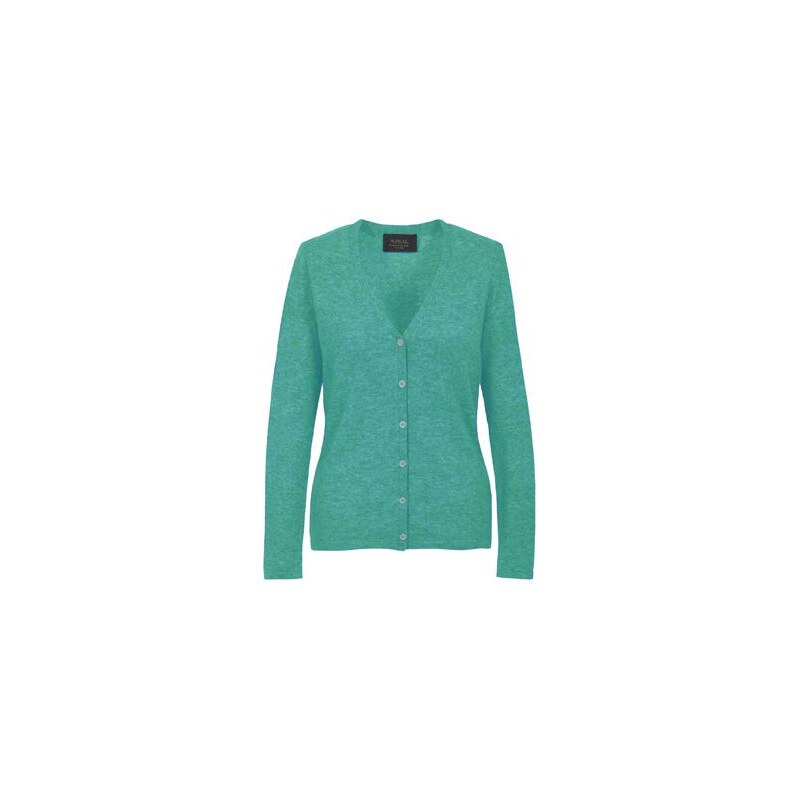Zelený tyrkysový dámský kašmírový svetr s propínáním a výstřihem do V, N.PEAL