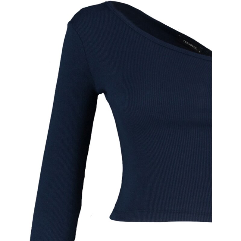 Trendyol Indigo Fitted Asymmetric Neck Open Shoulder Ribbed Flexible Knitted Blouse