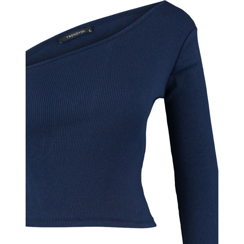 Trendyol Indigo Fitted Asymmetric Neck Open Shoulder Ribbed Flexible Knitted Blouse