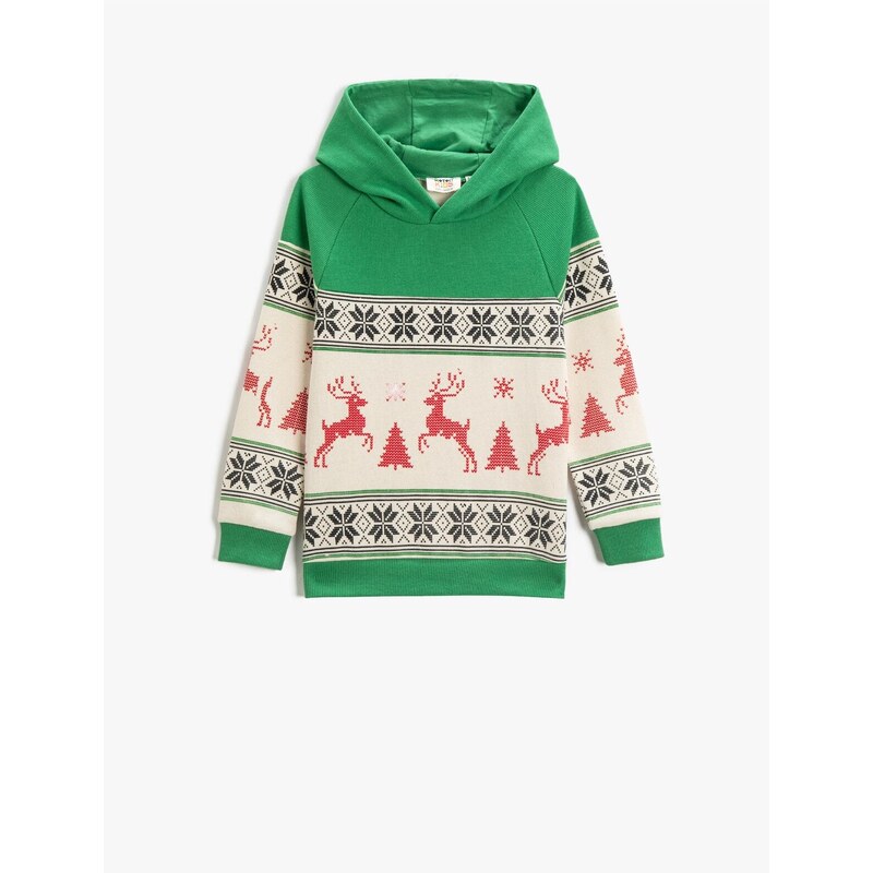 Koton Hooded Sweatshirt Christmas Themed Patterned Woven Detailed