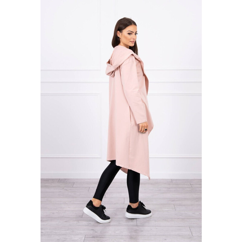 K-Fashion Dlouhý kabát s kapucí tmavě pudrově růžový