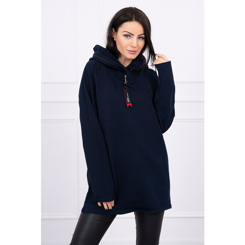 K-Fashion Oversize tmavě modrá tunika na zip s kapucí