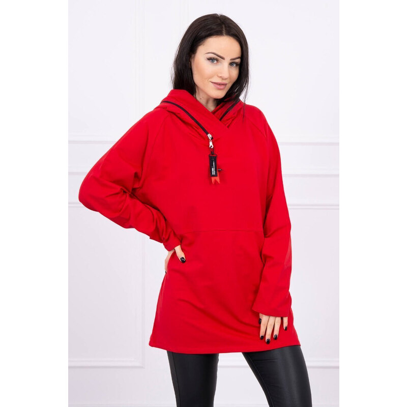 K-Fashion Oversize tunika na zip s kapucí červená