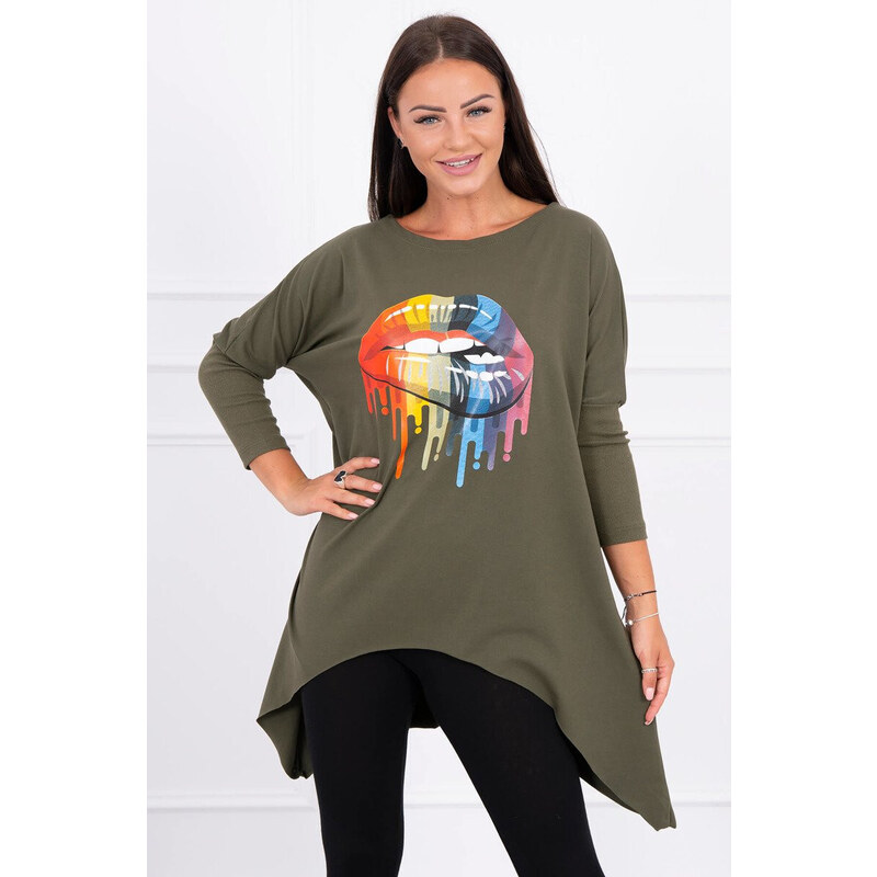 K-Fashion Oversize halenka s duhovým potiskem rtů v barvě khaki 84211464