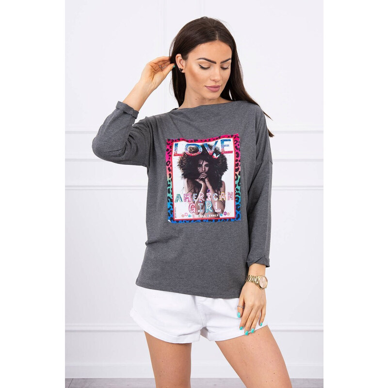 K-Fashion American Girl grafická halenka grafitová S/M - L/XL