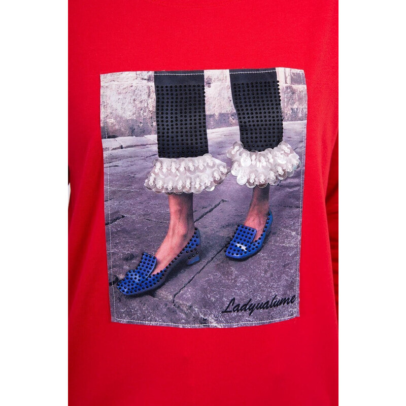 K-Fashion 3D grafická halenka se zirkony červená 84211621