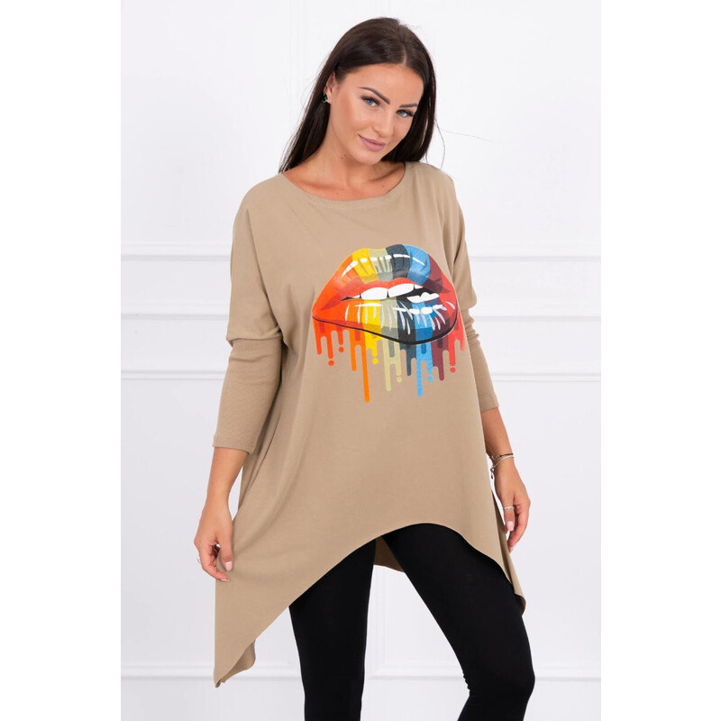 K-Fashion Oversize halenka s potiskem duhových rtů camel 84211456