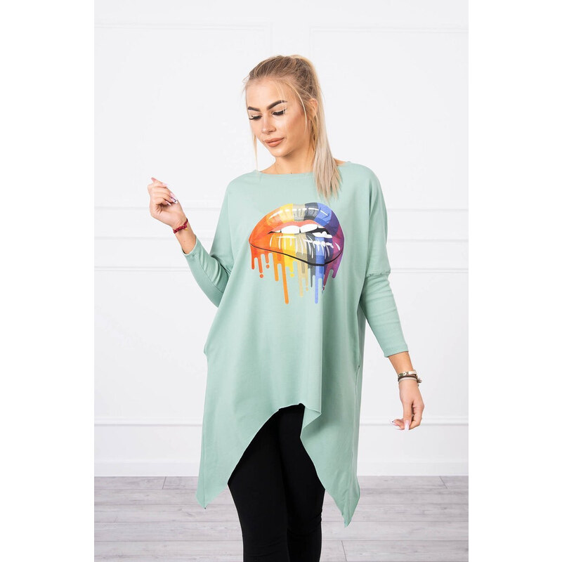 K-Fashion Oversize halenka s potiskem duhových rtů tmavě mátová