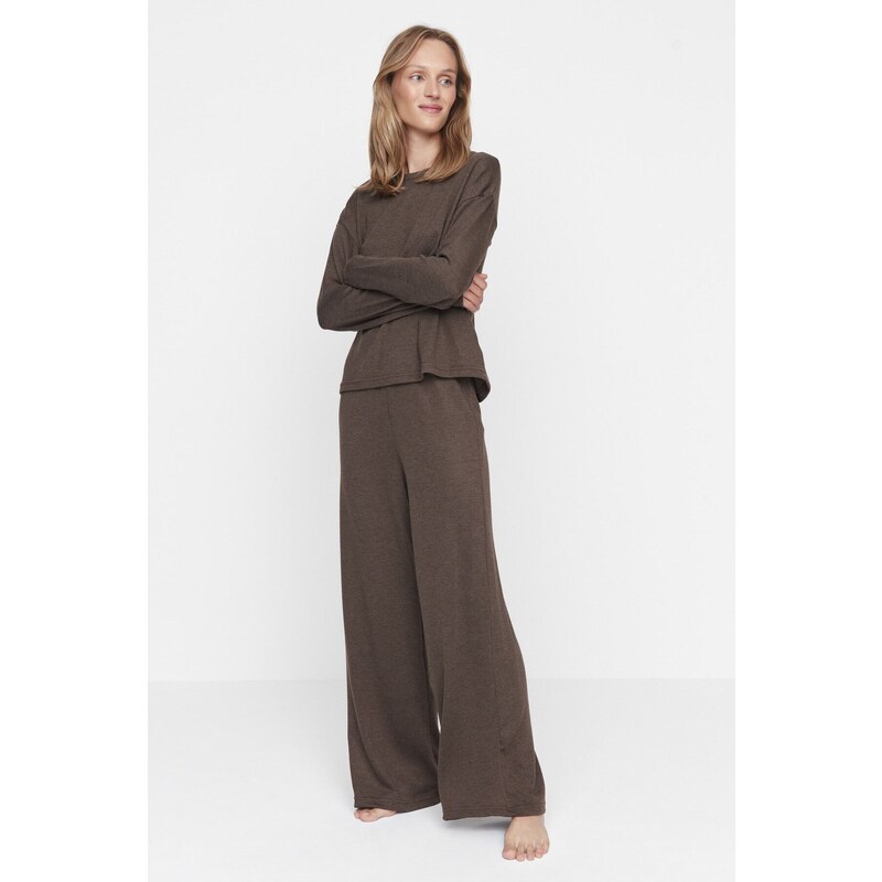 Trendyol Brown Corded Cotton Tshirt-Pants Knitted Pajama Set
