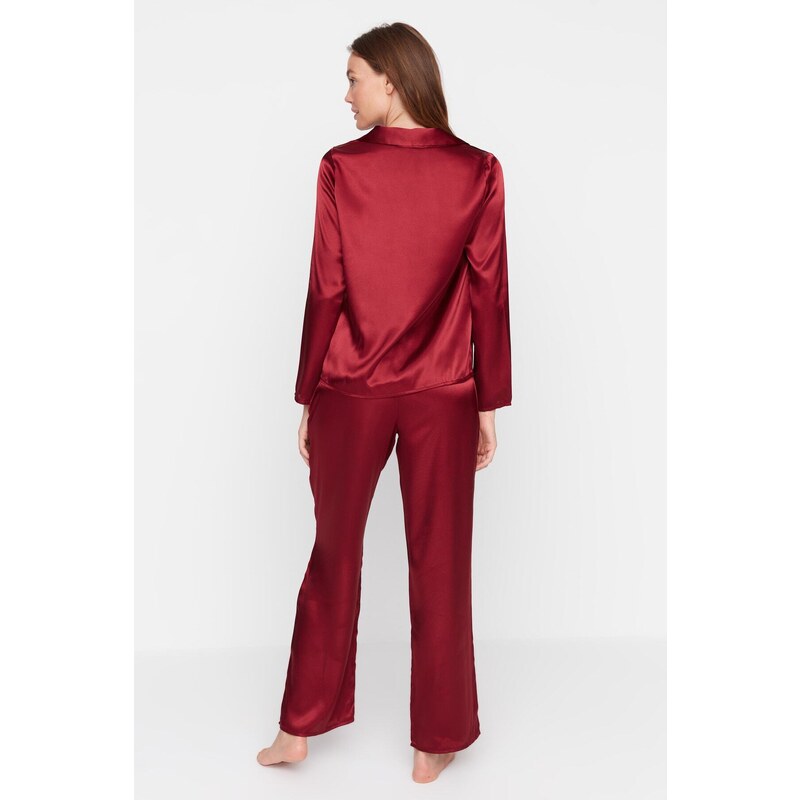 Trendyol Burgundy New Year Themed Embroidered Satin Shirt-Pants Woven Pajama Set