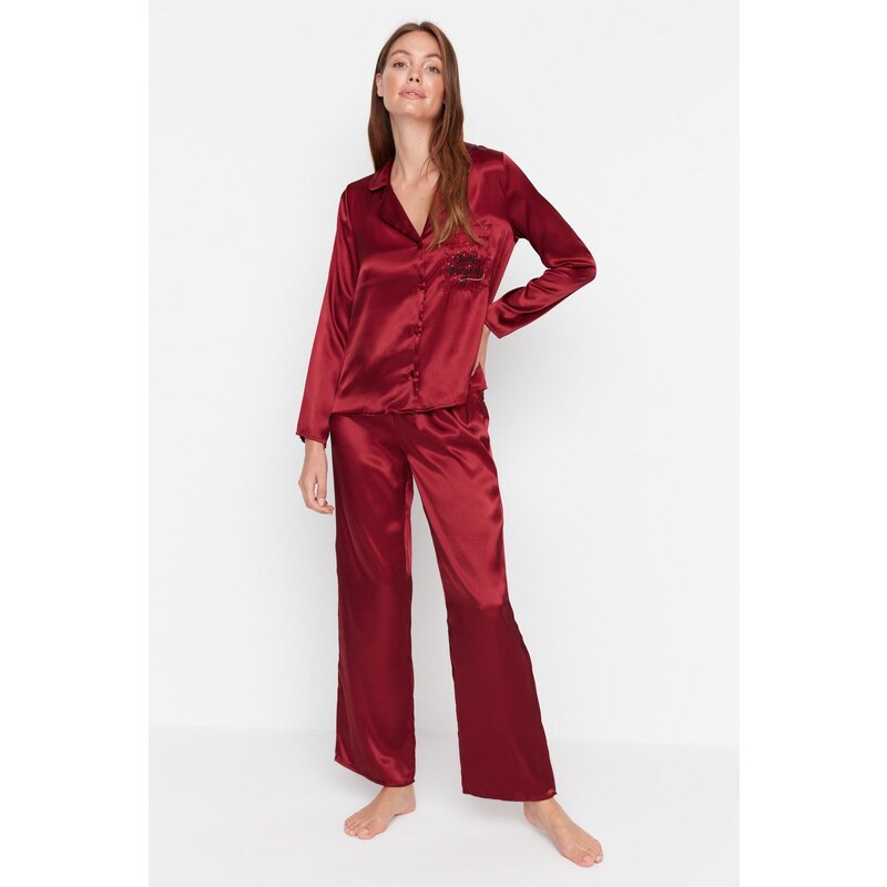 Trendyol Burgundy New Year Themed Embroidered Satin Shirt-Pants Woven Pajama Set