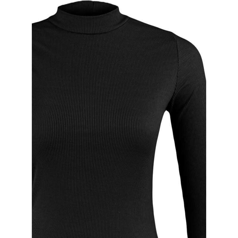 Trendyol Black Standing Collar With Cutout Detail Single Sleeve Ribbed Flexible Knitted Snap Button Body